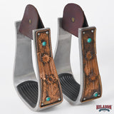 HILASON Western Saddle Stirrup Stirrups Pair Engraved Copper Flower Concho Turquoise Inlay Rubber Tread Pair