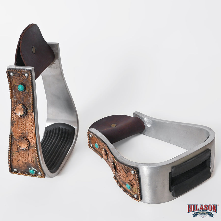 HILASON Western Saddle Stirrup Stirrups Pair Engraved Copper Flower Concho Turquoise Inlay Rubber Tread Pair