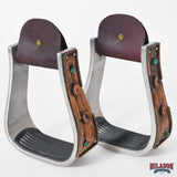 HILASON Western Saddle Stirrup Stirrups Pair Engraved Copper Flower Concho Turquoise Inlay Rubber Tread Pair