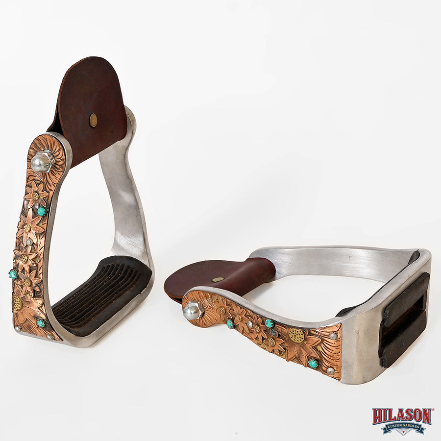 HILASON Western Saddle Stirrup Stirrups Pair Engraved Copper Sunflower Turquoise Inlay Rubber Tread Aluminum Pair