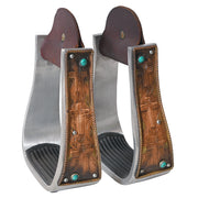 HILASON Western Saddle Stirrup Stirrups Pair Engraved Copper Crosses Turquoise Inlay Rubber Tread Aluminum Pair
