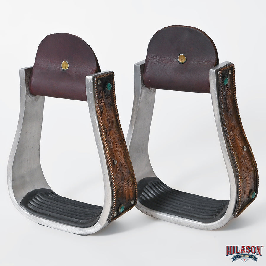 HILASON Western Saddle Stirrup Stirrups Pair Engraved Copper Crosses Turquoise Inlay Rubber Tread Aluminum Pair