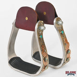 HILASON Western Saddle Stirrup Stirrups Pair Engraved Brass Copper Overlays Turquoise Inlay Rubber Tread Aluminum Pair