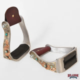 HILASON Western Saddle Stirrup Stirrups Pair Engraved Brass Copper Overlays Turquoise Inlay Rubber Tread Aluminum Pair