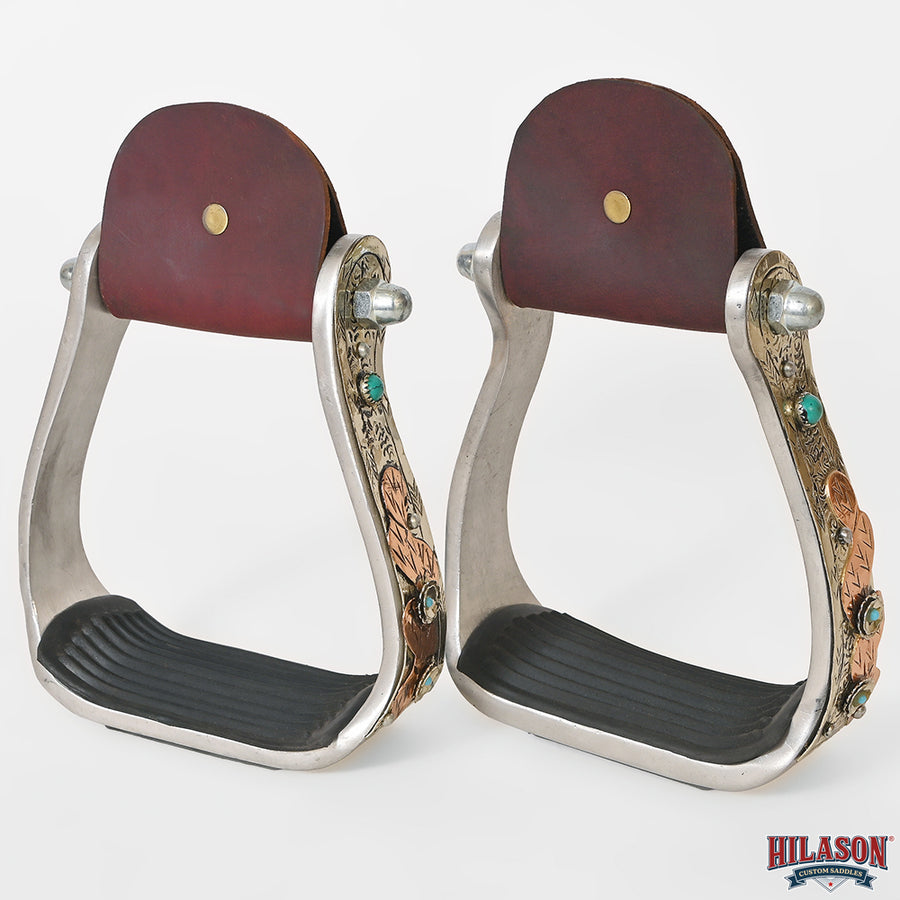 HILASON Western Saddle Stirrup Stirrups Pair Engraved Brass Copper Overlays Turquoise Inlay Rubber Tread Aluminum Pair