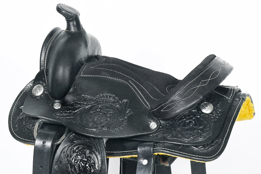 Comfytack Black Western Kids Youth Children Miniature Pony Saddle Leather Trail Tack | Hand Tooled Saddle | Western Saddle | Saddle for Horses | Horse Tack Set