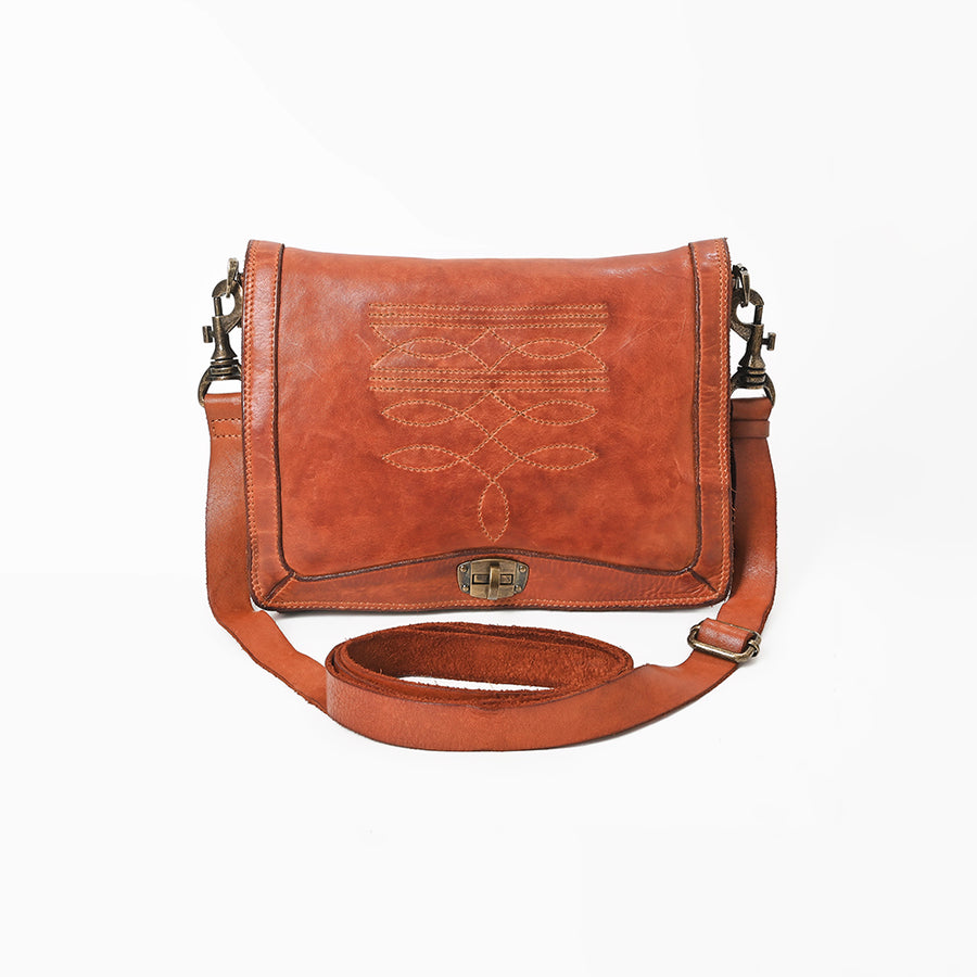 Spaghetti Western Cognac Leather Stitched Flap Crossbody Messenger Bag