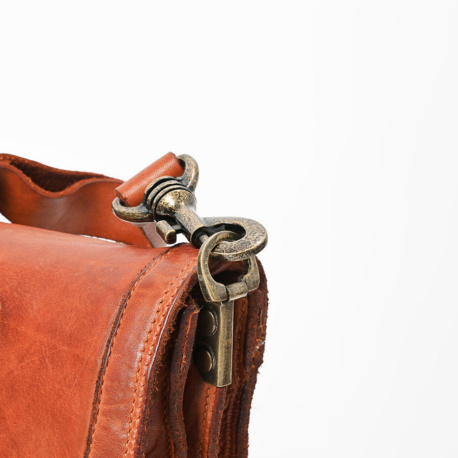 Spaghetti Western Cognac Leather Stitched Flap Crossbody Messenger Bag