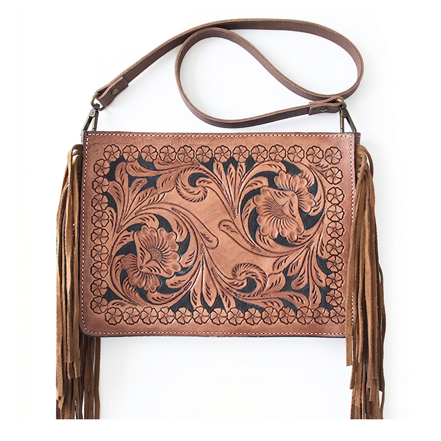 American Darling Western Hand-Tooled Leather Fringe Crossbody Bag