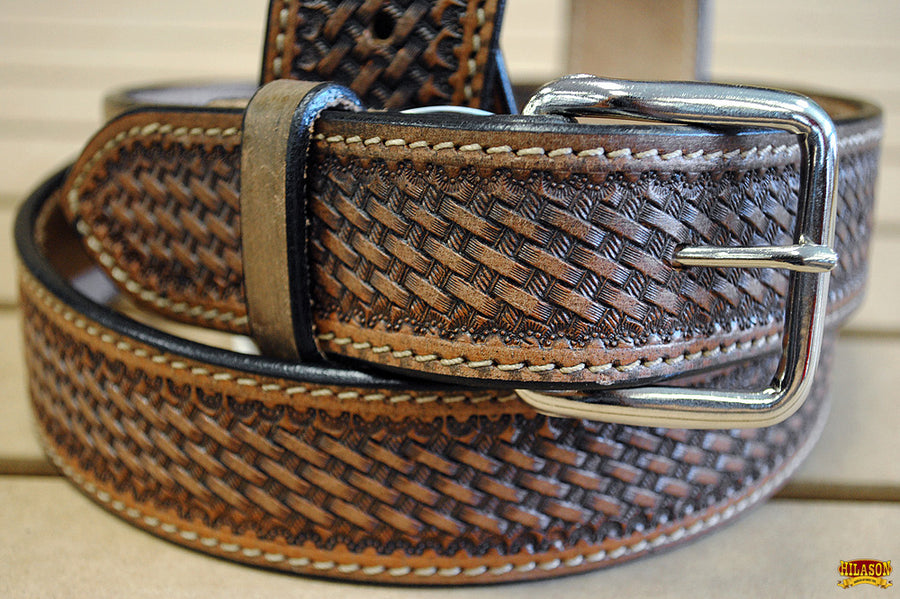 58 In Hilason Hand Tooled Basketweave Heavy Duty Western Work Leather Mens Womens Belt Dark Brown