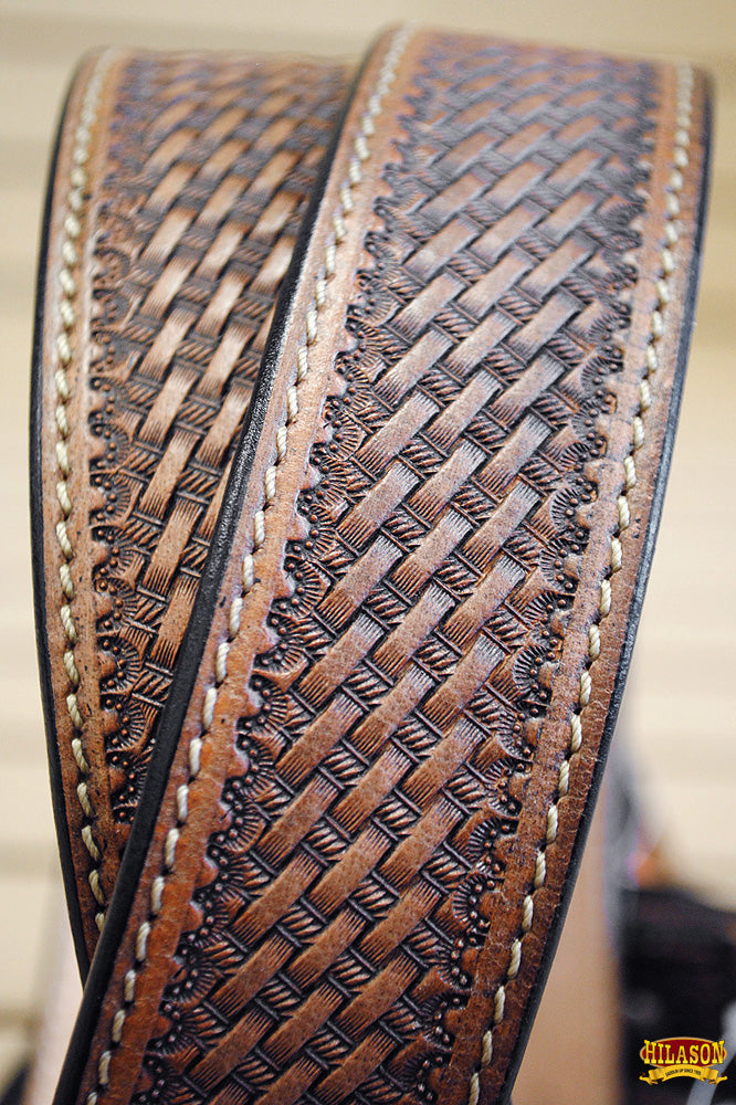 58 In Hilason Hand Tooled Basketweave Heavy Duty Western Work Leather Mens Womens Belt Dark Brown