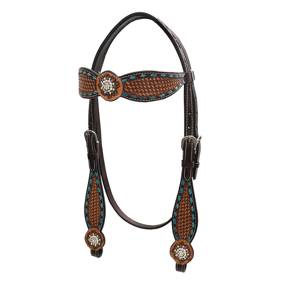 Bar H Equine Western Leather Horse Headstall Basket Weave Carved Brown - Uhorse