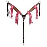 Pink and brown leather horse breast collar with fringe - Uhorse