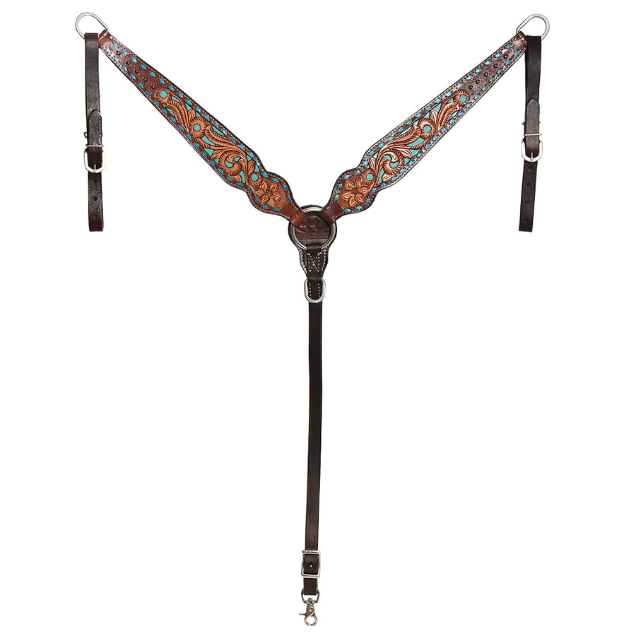 Leather breast collar with tooled turquoise and orange design - Uhorse