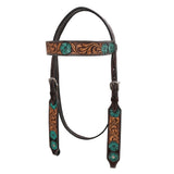 Brown leather headstall with turquoise floral tooling - Bar H Equine