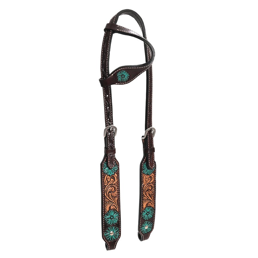 Brown leather one ear headstall with turquoise floral tooling - Bar H Equine