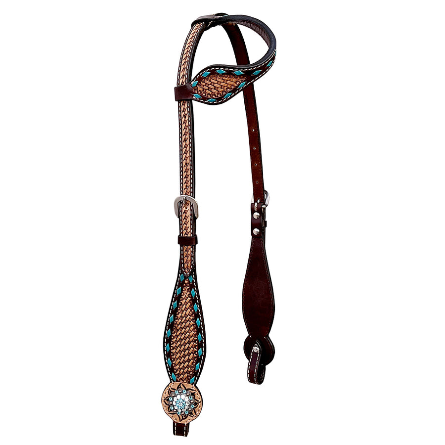 Bar H Equine Western Leather Horse One Ear Headstall Basket Weave Brown - Uhorse