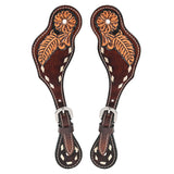 Leather spur straps with tooled floral design - Uhorse