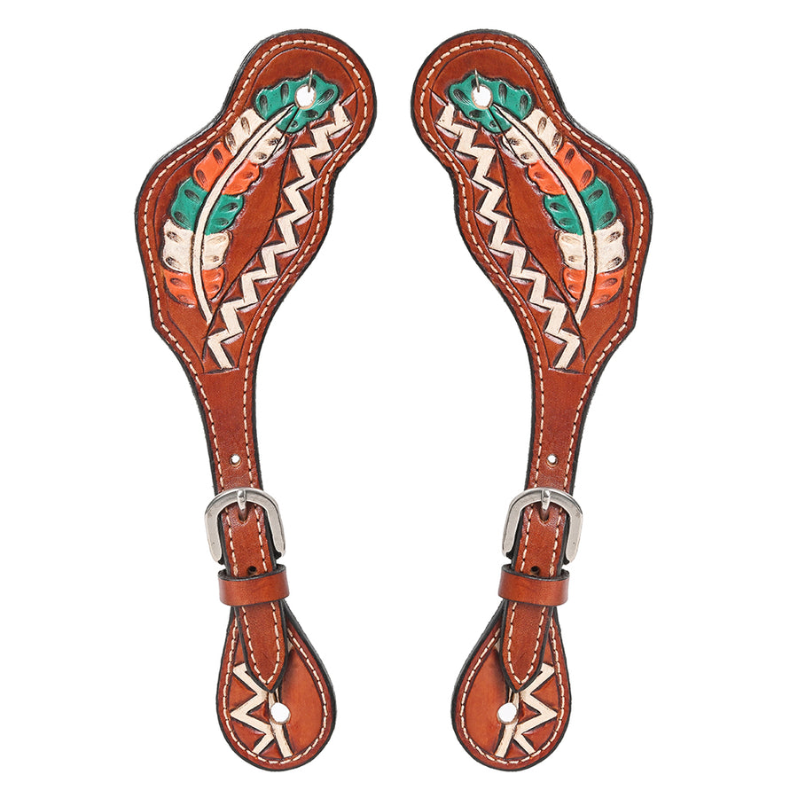 Leather spur straps with feather tooling - Uhorse