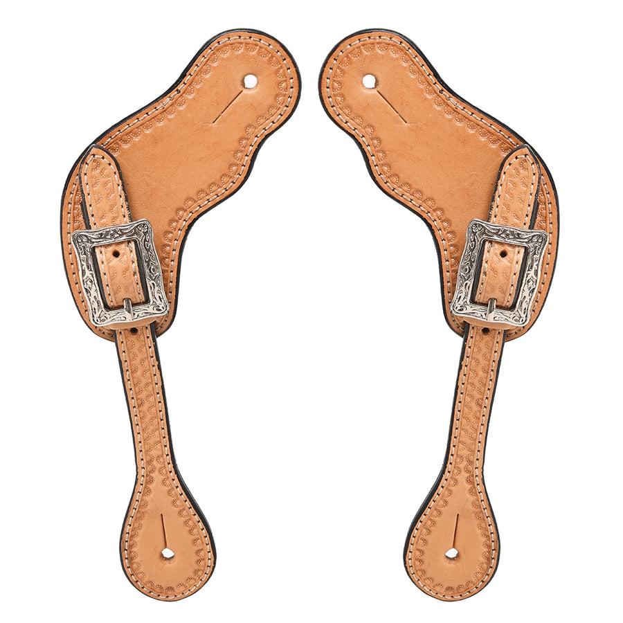 Pair of tan leather spur straps with silver buckles - Uhorse