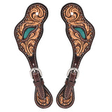 Leather spur straps with tooled copper and turquoise inlay - Uhorse
