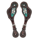 Leather spur straps with turquoise inlay and tooling - Uhorse