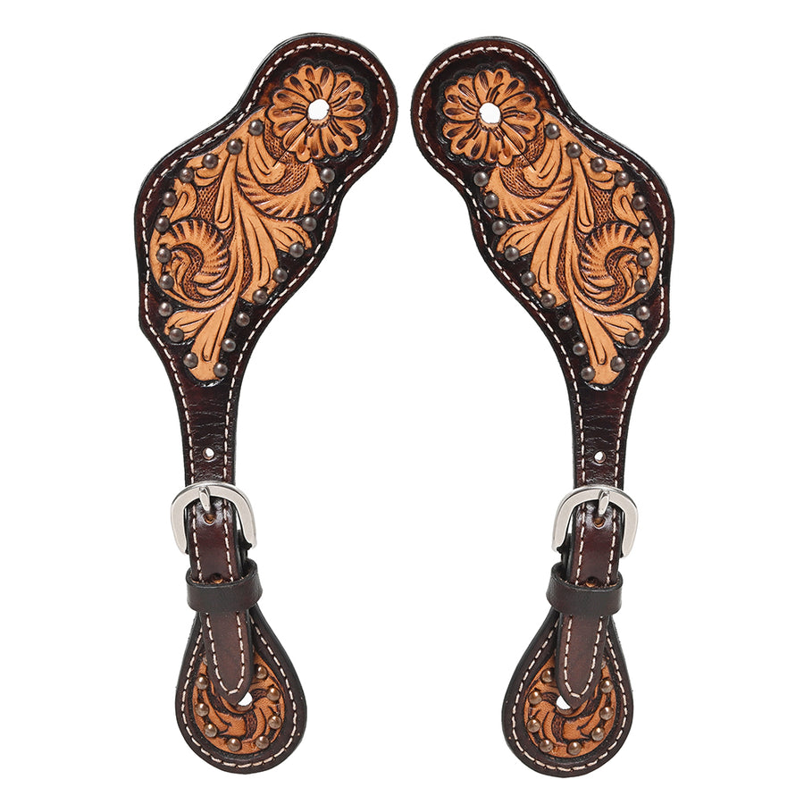 Leather spur straps with tooled floral design - Uhorse