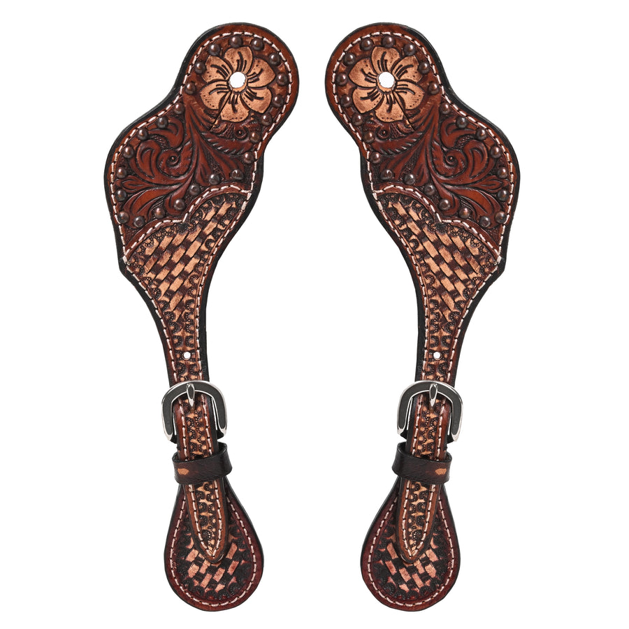 Tooled leather spur straps with floral design - Uhorse