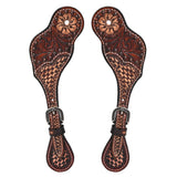 Tooled leather spur straps with floral design - Uhorse