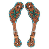 Leather spur straps with turquoise tooling and cross design - Uhorse