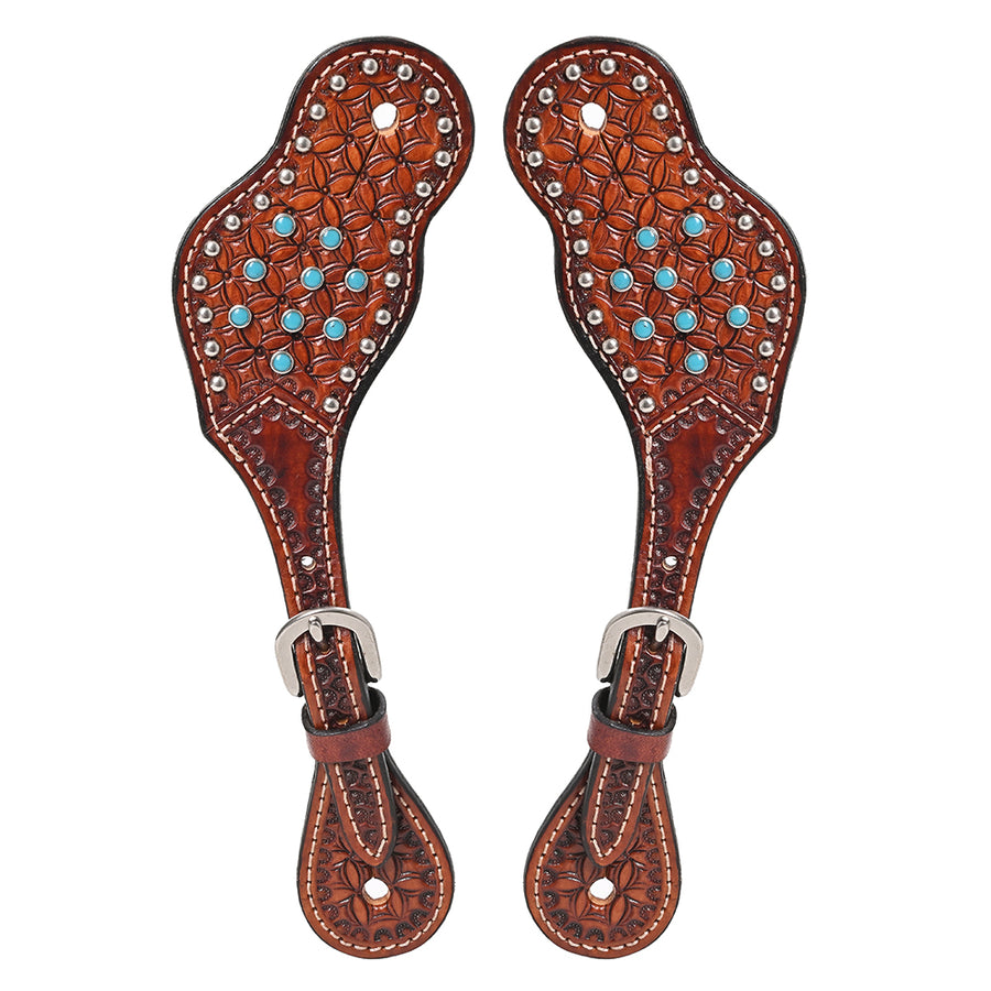 Brown leather spur straps with turquoise and silver studding - Uhorse