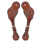 Brown leather spur straps with turquoise and silver studding - Uhorse