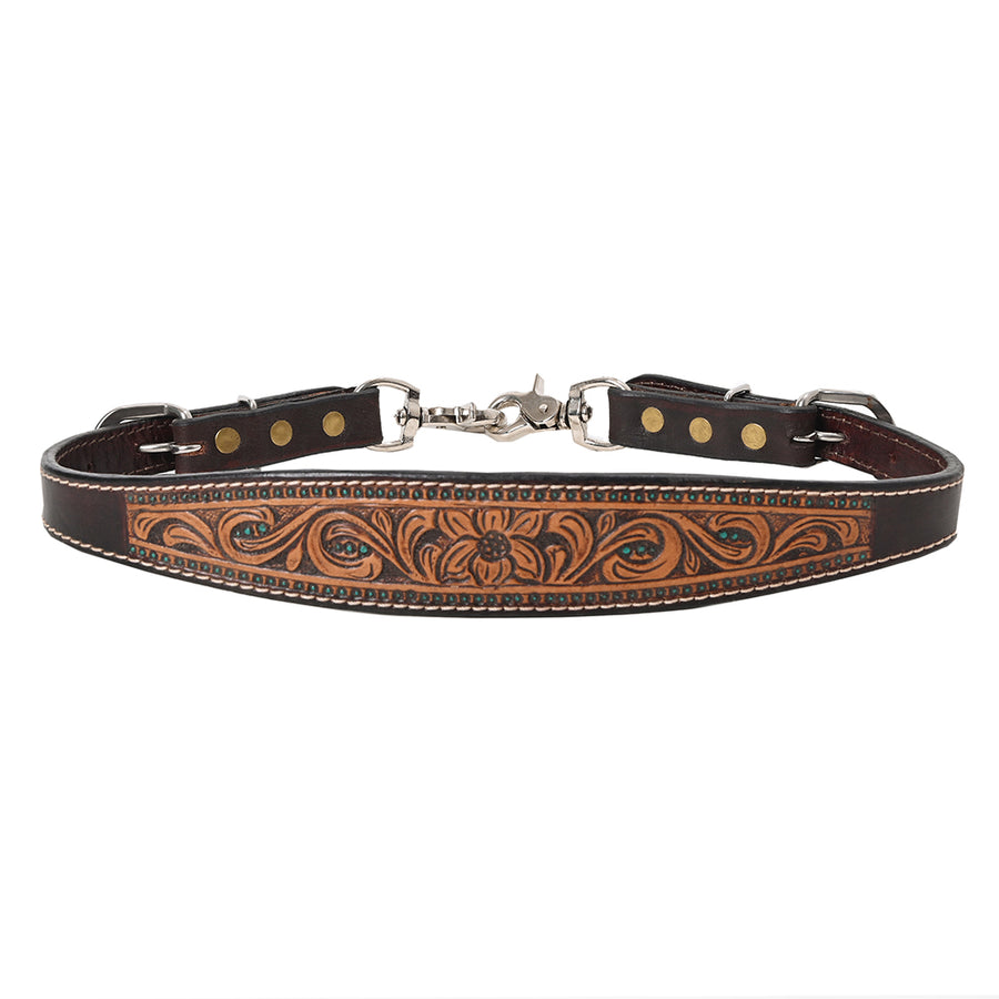 Black leather western cinch with tooled orange leather center panel - Uhorse