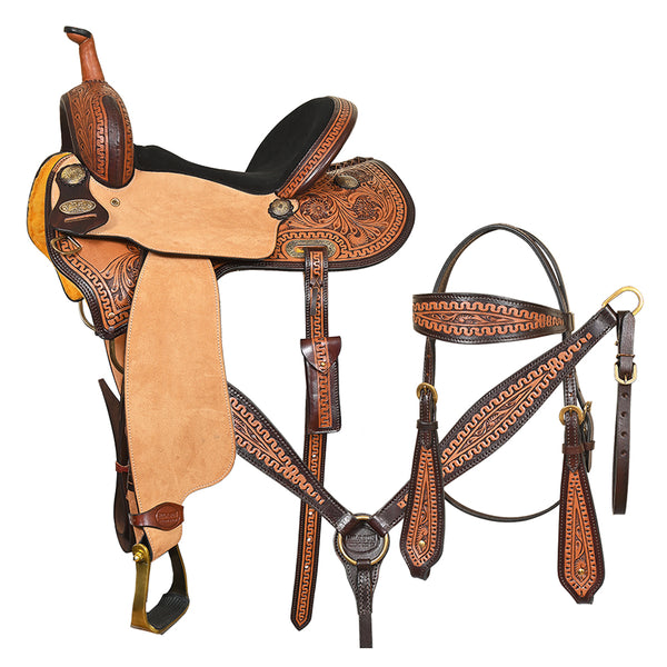 Hilason Western Leather Trail Tack Set Hand Tooled Saddle Brown