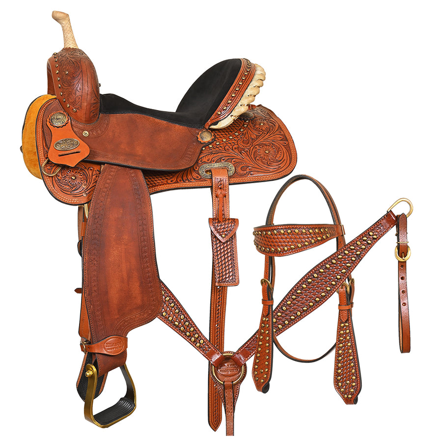 Hilason Western Leather Trail Tack Set Hand Tooled Saddle Brown