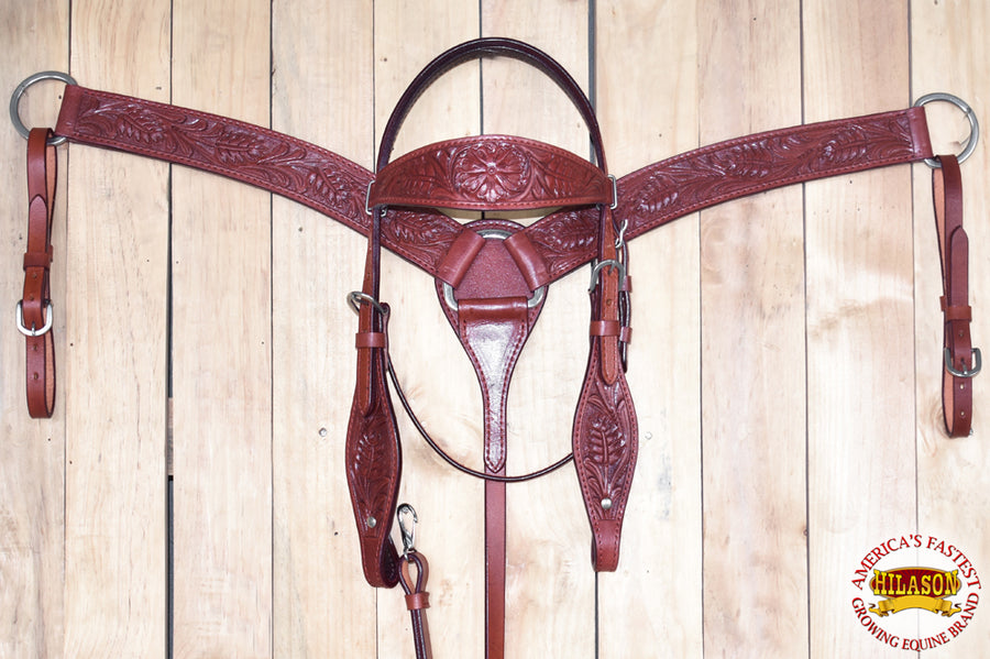 Hilason Western American Leather Horse Headstall Breast Collar Mahogany