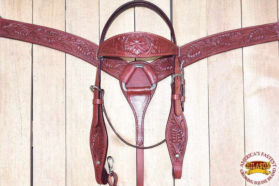 Hilason Western American Leather Horse Headstall Breast Collar Mahogany