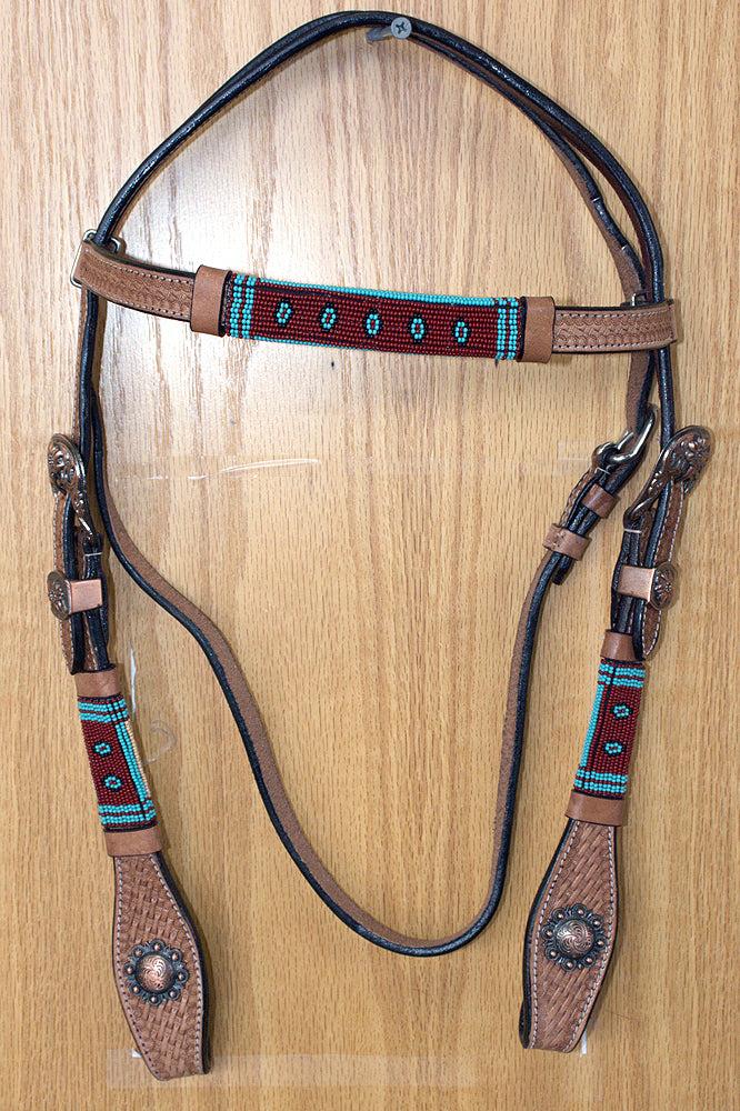 Western Horse Breast Collar Leather Tan Basket Weave With Beaded