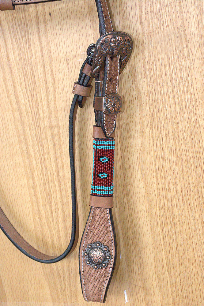 Western Horse Breast Collar Leather Tan Basket Weave With Beaded