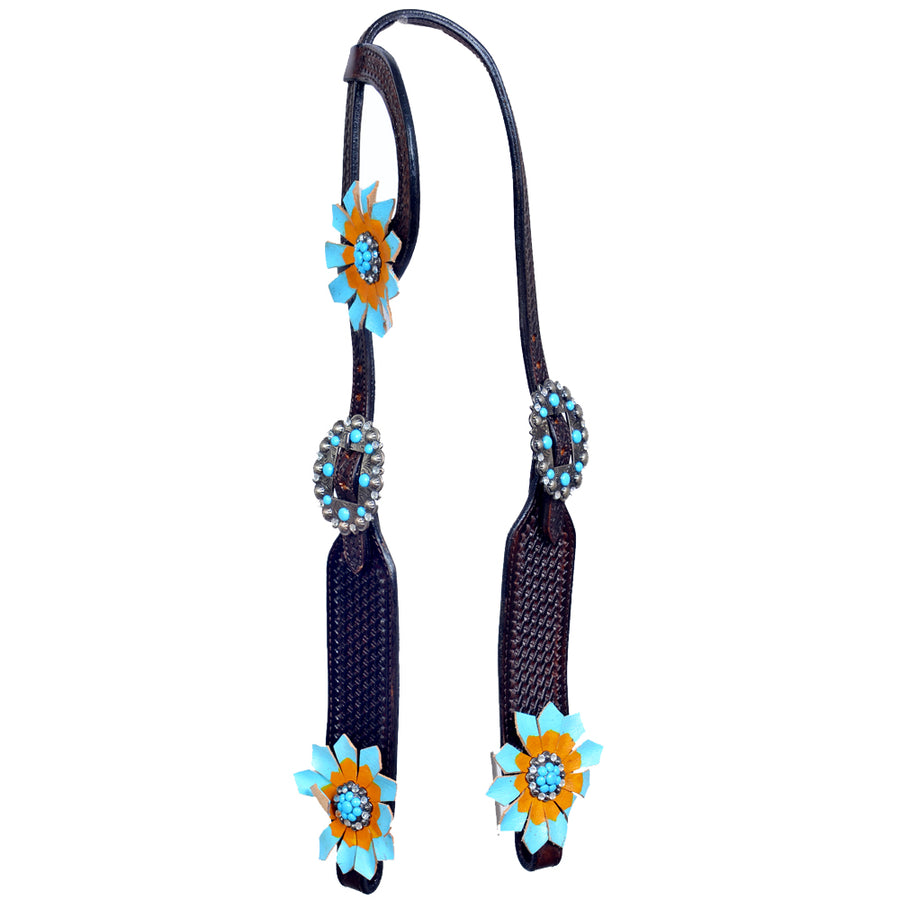 Western One Ear Horse Headstall Breast Collar Leather Brown Bling