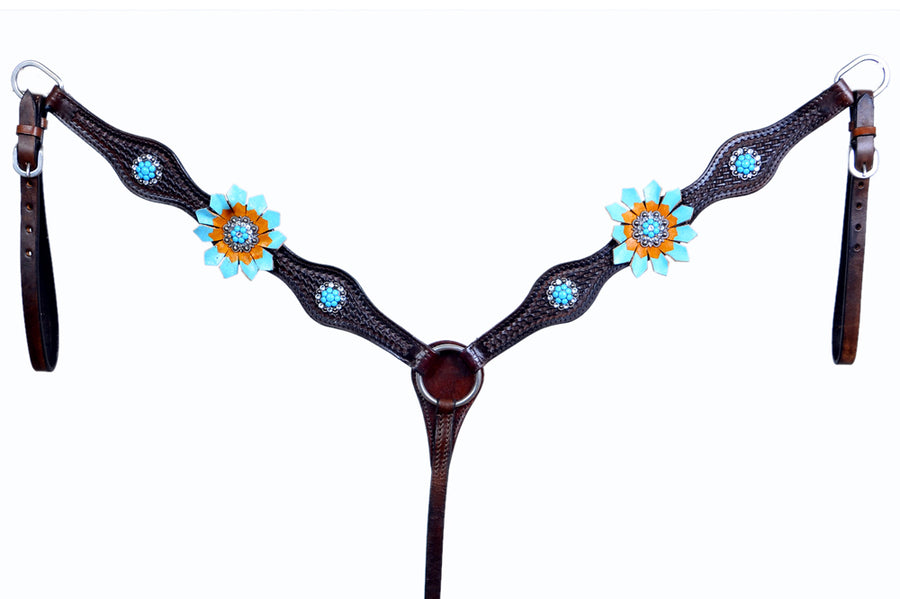 Western One Ear Horse Headstall Breast Collar Leather Brown Bling