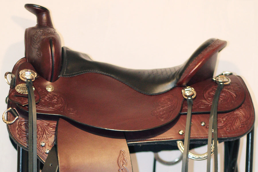 WESTERN FULL SKIRT LEATHER COVERED TOOLED CHROME STIRRUP MEDIUM