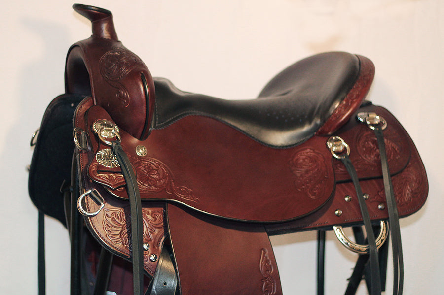 WESTERN FULL SKIRT LEATHER COVERED TOOLED CHROME STIRRUP MEDIUM