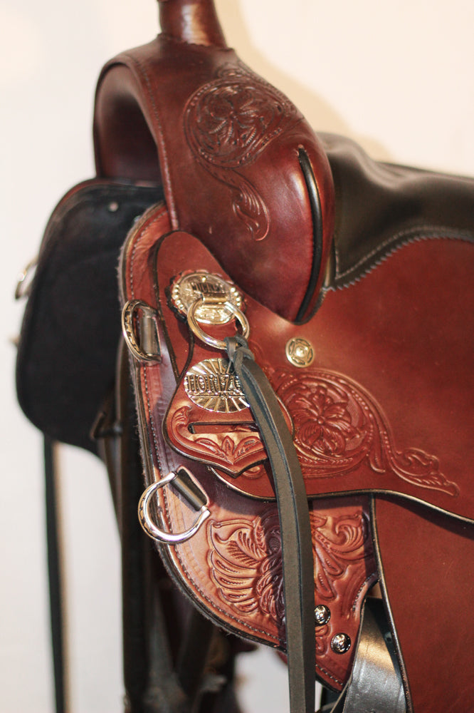 WESTERN FULL SKIRT LEATHER COVERED TOOLED CHROME STIRRUP MEDIUM