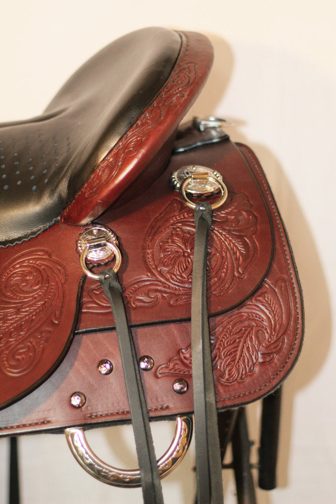 WESTERN FULL SKIRT LEATHER COVERED TOOLED CHROME STIRRUP MEDIUM
