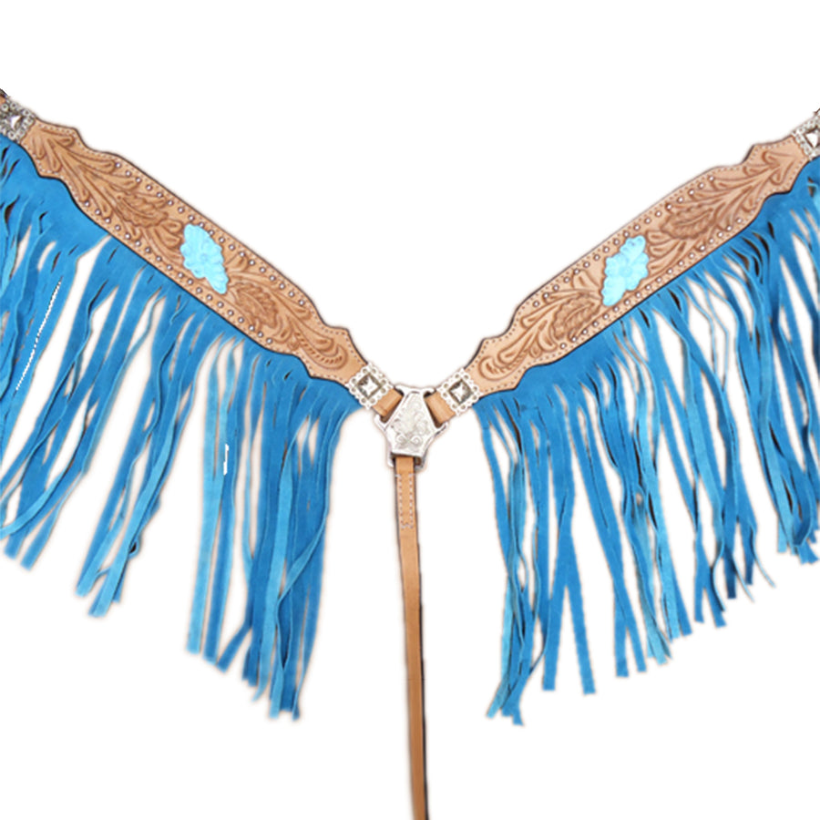 Hilason Western Horse Leather  Breast Collar W/ fringes Tan Turquoise