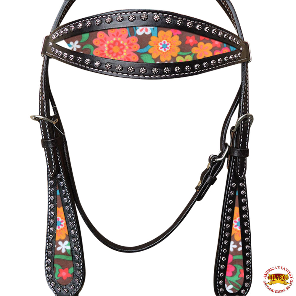Hilason Western Horse Headstall Bridle American Leather Black Floral
